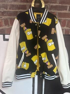 Joyrich Mens Black & White Bart Simpson Varsity Jacket